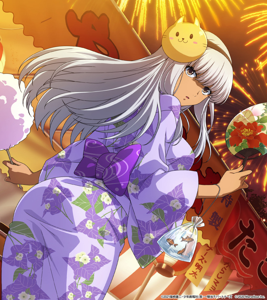 1girl alternate_costume brown_eyes cowboy_shot dutch_angle festival fireworks floating_hair floral_print from_below hairband highres holding ikkitousen japanese_clothes kimono long_hair long_sleeves mask mask_on_head night official_art open_mouth print_kimono purple_kimono solo standing white_hair white_hairband wide_sleeves yamada_asaemon_(ikkitousen)