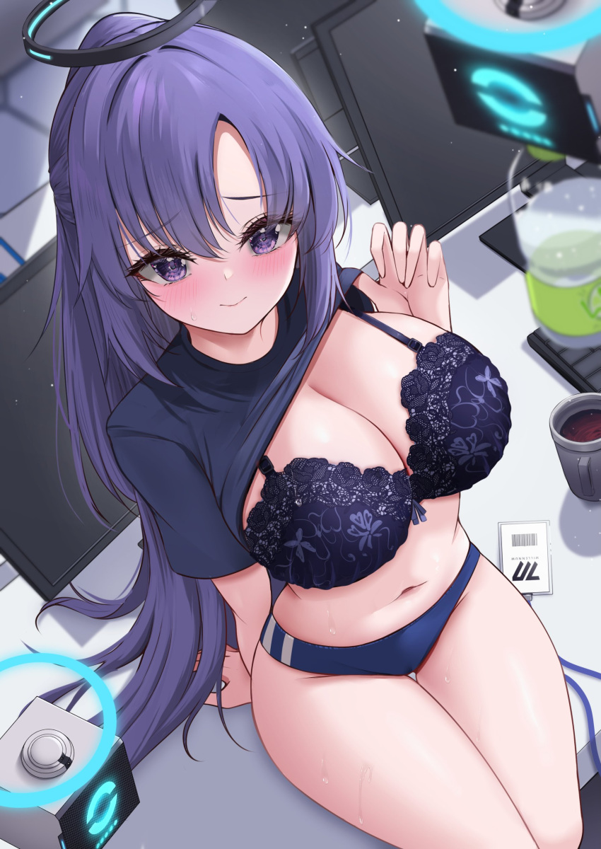 1girl absurdres balut_(7676i) black_bra black_shirt blue_archive blue_buruma blush bra breasts buruma cleavage closed_mouth clothes_lift drone halo highres id_card lanyard large_breasts long_hair looking_at_viewer mechanical_halo navel official_alternate_costume official_alternate_hairstyle ponytail purple_eyes purple_hair shirt shirt_lift short_sleeves solo textless_version underwear yuuka_(blue_archive) yuuka_(track)_(blue_archive)
