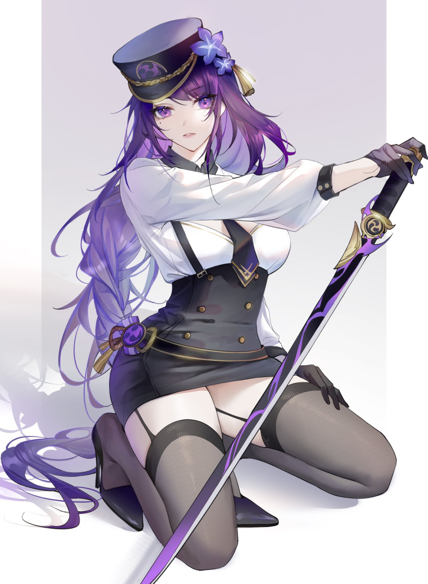 1girl alternate_costume alternate_hair_ornament alternate_legwear braid fishnet_thighhighs fishnets garter_belt genshin_impact high_heels highres long_braid long_hair looking_at_viewer mole mole_under_eye purple_eyes purple_hair raiden_shogun shadow simple_background single_braid solo thighhighs white_background yin01582942