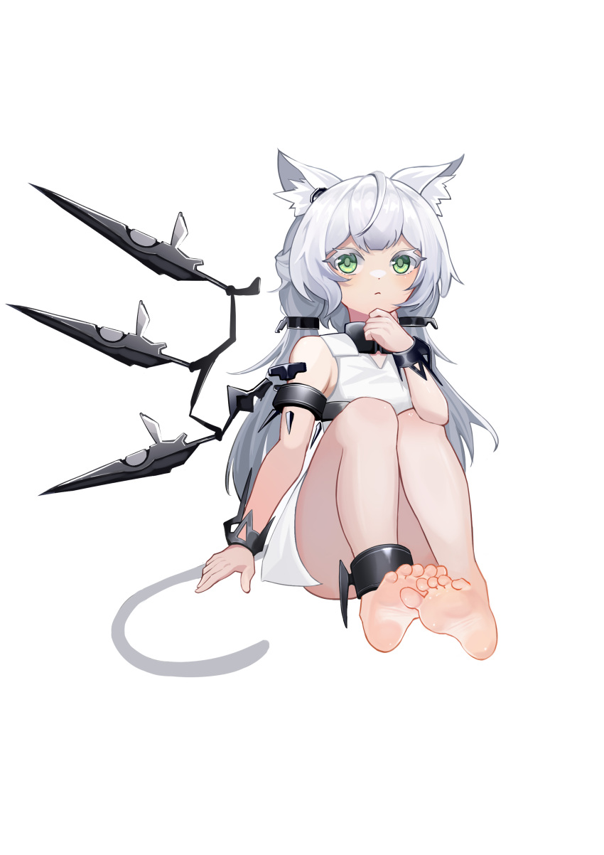 1girl absurdres animal_ear_fluff animal_ears arknights bare_shoulders barefoot cat_ears cat_girl cat_tail closed_mouth colored_eyelashes convenient_leg dress full_body green_eyes grey_hair hand_up highres knees_up long_hair looking_at_viewer low_twintails rh_huinai rosmontis_(arknights) simple_background sitting sleeveless sleeveless_dress soles solo tail toes twintails very_long_hair white_background white_dress