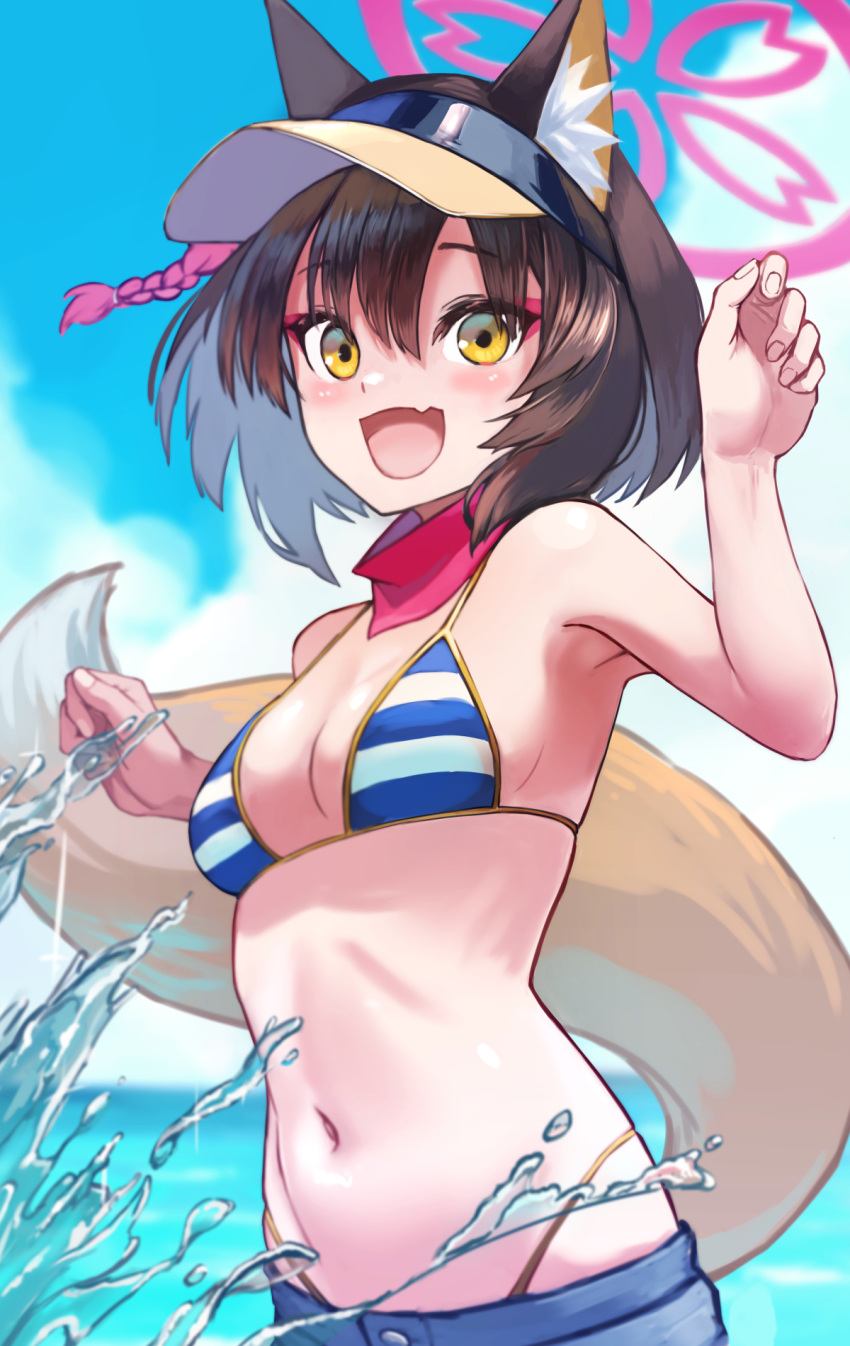 1girl animal_ear_fluff animal_ears armpits bare_shoulders bikini blue_archive blue_sky blush breasts brown_hair cleavage cloud eyeshadow fang fox_ears fox_tail hair_between_eyes halo highres izuna_(blue_archive) izuna_(swimsuit)_(blue_archive) looking_at_viewer makeup medium_breasts medium_hair midriff navel open_mouth red_eyeshadow scarf short_shorts shorts sidelocks sky splashing striped_bikini striped_clothes suki_byun swimsuit tail tassel visor_cap yellow_eyes