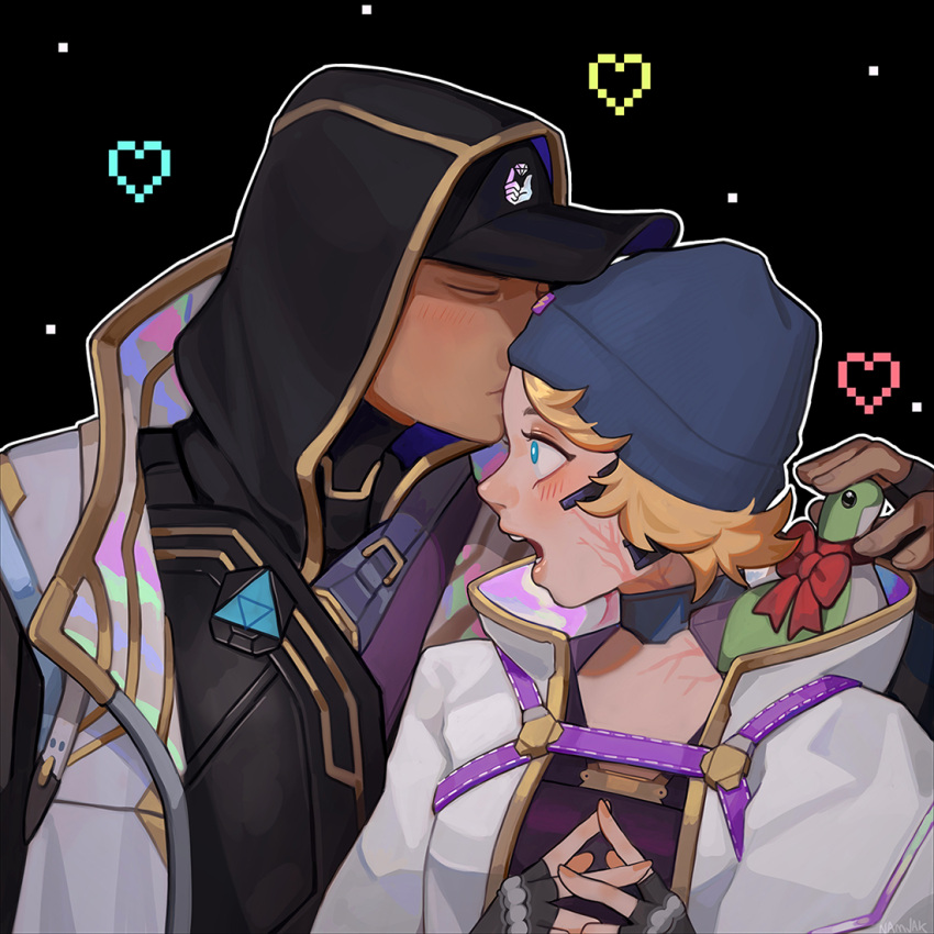 1boy 1girl apex_legends baseball_cap beanie black_background black_gloves black_headwear black_jacket black_shirt blonde_hair blue_eyes blue_headwear bow crypto_(apex_legends) electric_incognito_wattson english_commentary fingerless_gloves gloves hat heart hetero hood hood_up hooded_jacket jacket kiss kissing_forehead low_profile_crypto namjak nessie_(respawn) official_alternate_costume open_mouth red_bow scar scar_on_cheek scar_on_face shirt short_hair stuffed_toy surprised white_jacket