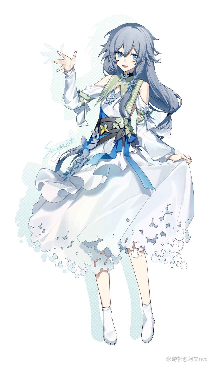 1girl absurdres alternate_costume arm_up artist_name bare_shoulders blue_eyes blue_flower blue_hair blue_ribbon chinese_text dress dress_flower dress_ribbon flower fu_hua full_body grey_hair hair_between_eyes highres honkai_(series) honkai_impact_3rd long_hair looking_at_viewer low-tied_long_hair low_ponytail open_mouth ponytail ribbon saya_atang shadow simple_background simplified_chinese_text socks solo white_background white_dress white_socks