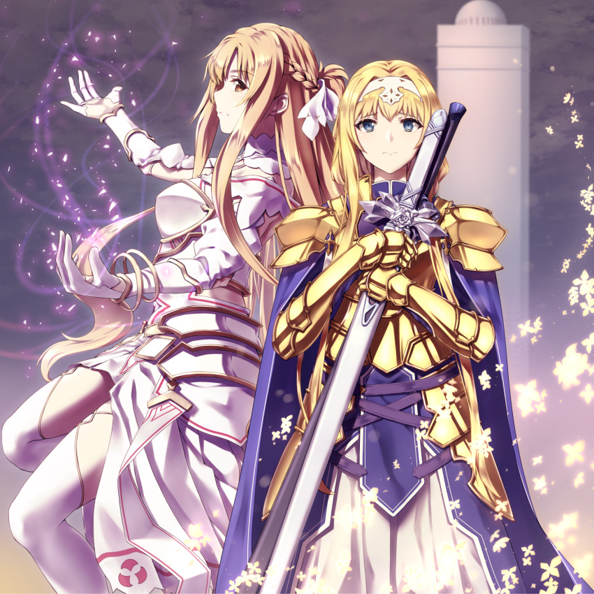 2girls alice_zuberg armor armored_dress asuna_(stacia) blonde_hair blue_dress blue_eyes blue_rose_sword bracelet breastplate brown_eyes closed_mouth cloud cloudy_sky crown dress enchuu_kakiemon floating_hair gauntlets gloves hairband highres jewelry long_hair multiple_girls outdoors sheath sheathed shiny shiny_hair shoulder_armor skirt skirt_under_dress sky standing sword_art_online sword_art_online:_alicization thighhighs very_long_hair white_dress white_gloves white_hairband white_skirt white_thighhighs