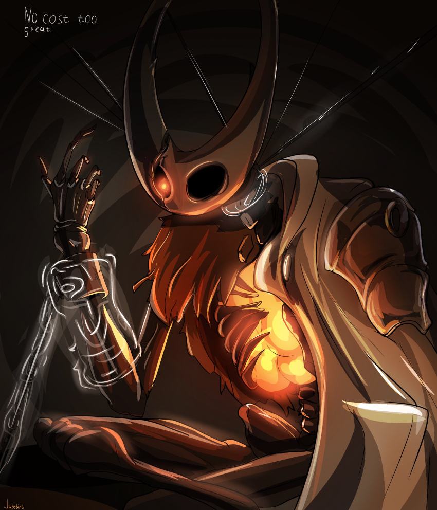 5_fingers absurd_res ambiguous_gender animated_skeleton anthro arthropod artist_name black_background black_body bone brown_cloak digital_media_(artwork) fingers hi_res hollow_knight hollow_knight_(character) justbirb orange_eyes rib_cage simple_background sitting skeleton solo team_cherry the_infection_(hollow_knight) three-quarter_view undead vessel_(species) white_cloak