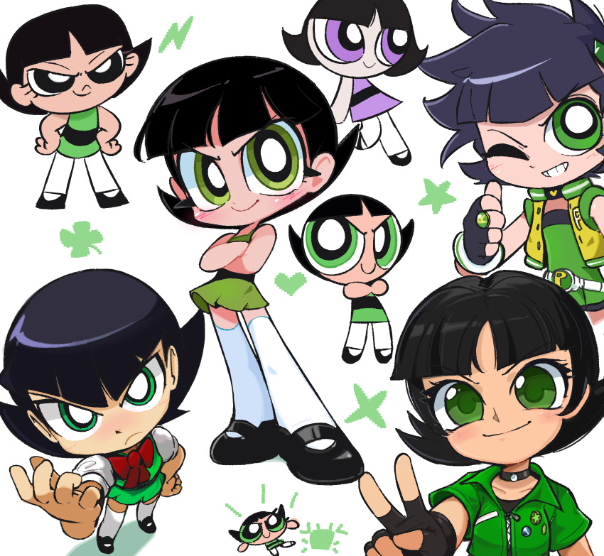 &gt;:) 1girl ;d bare_arms belt black_footwear black_hair blunt_bangs blush buttercup_(ppg) commentary crossed_arms dot_nose dress english_commentary green_dress green_eyes green_shirt green_skirt highres kim_crab leaning_to_the_side looking_at_viewer matsubara_kaoru messy_hair multiple_views one_eye_closed powerpuff_girls shirt shoes short_dress short_hair skirt sleeveless sleeveless_dress smile spiked_hair thighhighs thumbs_up toon_(style) v-shaped_eyebrows very_big_eyes vest white_background white_thighhighs yellow_vest