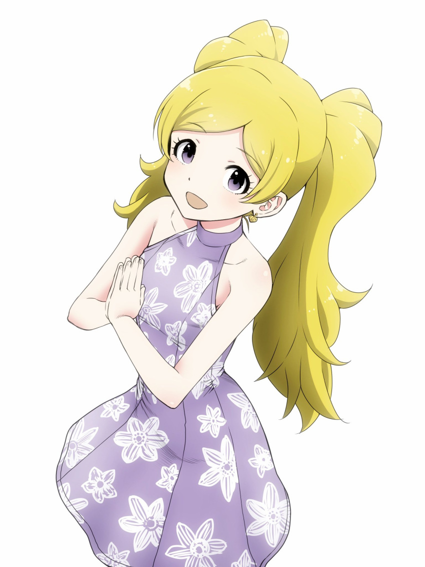 1girl bare_shoulders blonde_hair breasts collarbone cowboy_shot dot_nose dress earrings emily_stewart eyelashes floral_print floral_print_dress fluffy_hair highres idolmaster idolmaster_million_live! idolmaster_million_live!_theater_days jewelry looking_at_viewer matcha_kingyo official_alternate_costume open_mouth palms_together parted_bangs print_dress purple_eyes small_breasts smile solo twintails