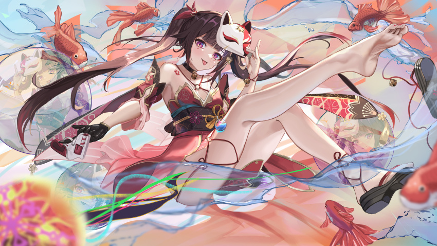 1girl :p absurdres bare_shoulders barefoot brown_hair detached_sleeves facial_mark fish fox_mask goldfish gun highres holding holding_gun holding_mask holding_weapon honkai:_star_rail honkai_(series) japanese_clothes long_hair looking_at_viewer mask nnn_(nonightnomad) purple_eyes sandals shoes single_shoe sleeveless solo sparkle_(honkai:_star_rail) tongue tongue_out very_long_hair weapon