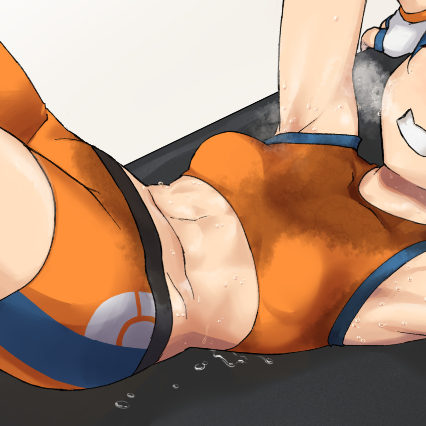 1girl armpits arms_up battle_girl_(pokemon) bench blue_hair breasts breath clenched_teeth close-up commission dripping exercise fingerless_gloves gloves heavy_breathing highres lying midriff on_back on_bench pokemon pokemon_(game) pokemon_oras simple_background small_breasts sports_bra sportswear stained_clothes steam sweat sweating_profusely sweaty_clothes teeth training translation_request white_background yachi_(fujiyasu0616)