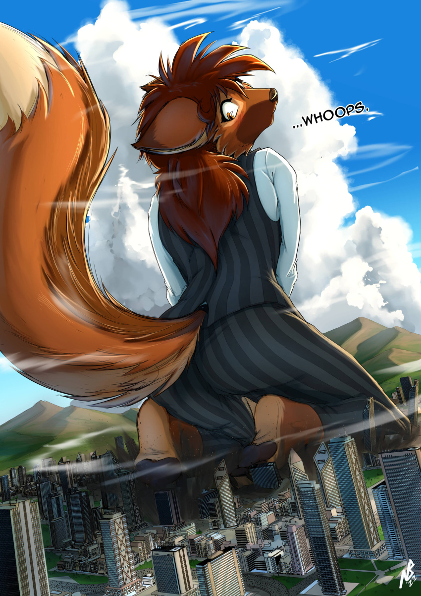 2022 absurd_res anthro butt canid canine city clothing cloud dialogue digital_media_(artwork) english_text female fur giga hi_res kneeling looking_back looking_down macro mammal notbad621 sky skyscraper suit text wind