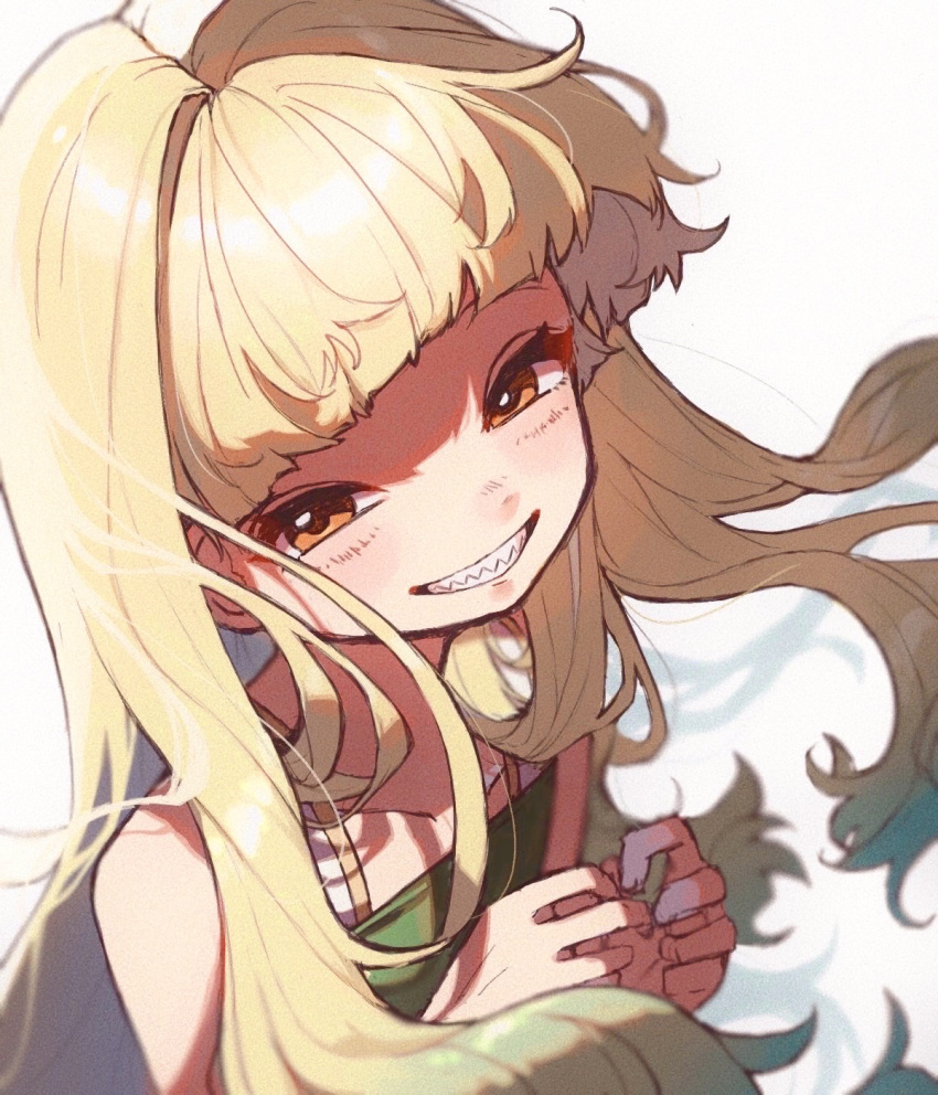 1girl amazuore blonde_hair blush choppy_bangs collarbone dated_commentary eko_(fumetsu_no_anata_e) floating_hair from_above fumetsu_no_anata_e grin happy highres long_hair looking_at_viewer looking_up own_hands_together sharp_teeth simple_background smile solo teeth upper_body white_background