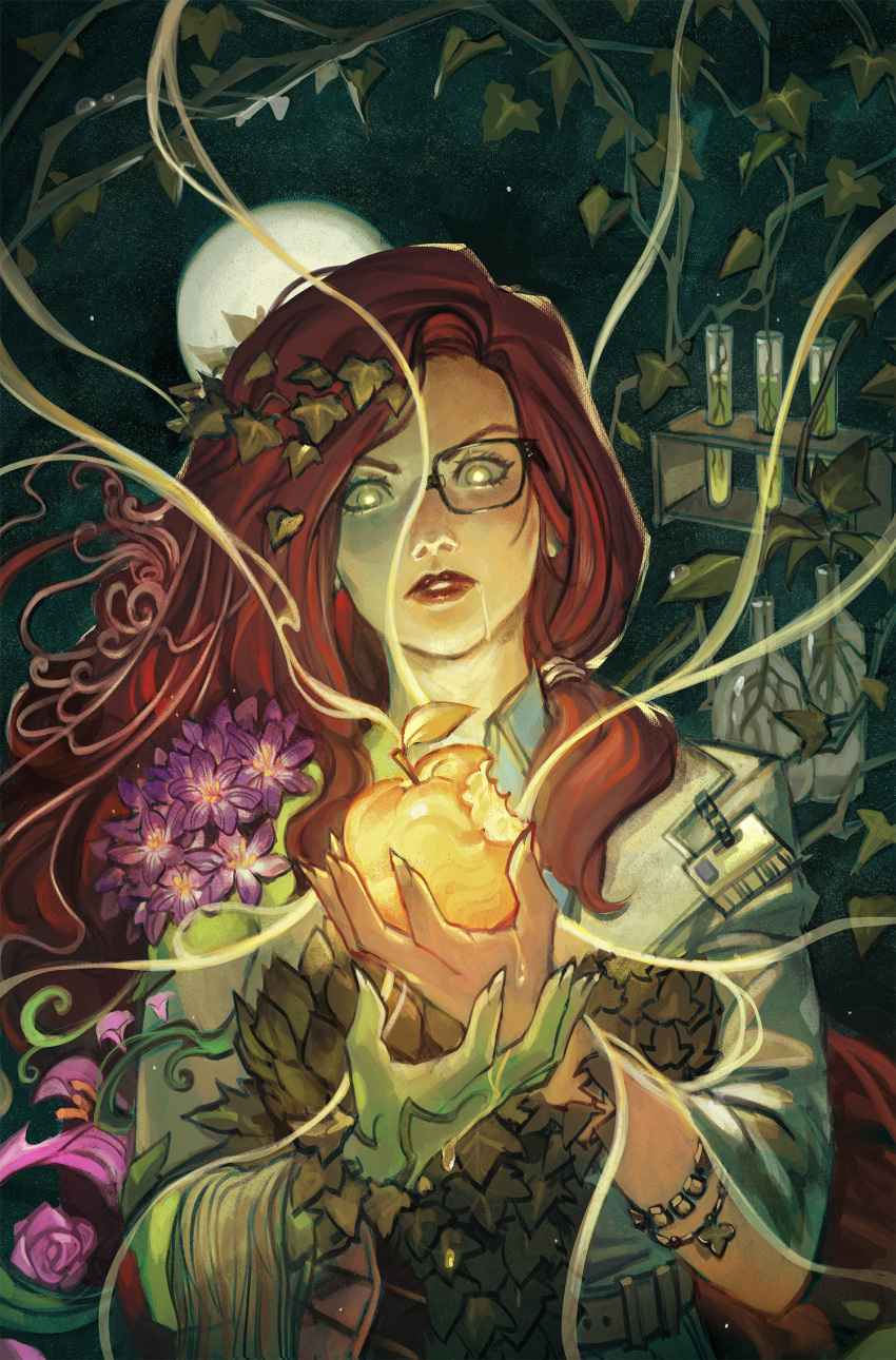 1girl anireal apple coat colored_skin dc_comics dual_persona flower food fruit full_moon glasses golden_apple green_eyes green_skin hair_ornament highres holding holding_food holding_fruit ivy lab_coat leaf_hair_ornament long_hair looking_at_viewer moon name_tag night pink_flower poison_ivy purple_flower red_hair red_lips solo test_tube upper_body white_coat