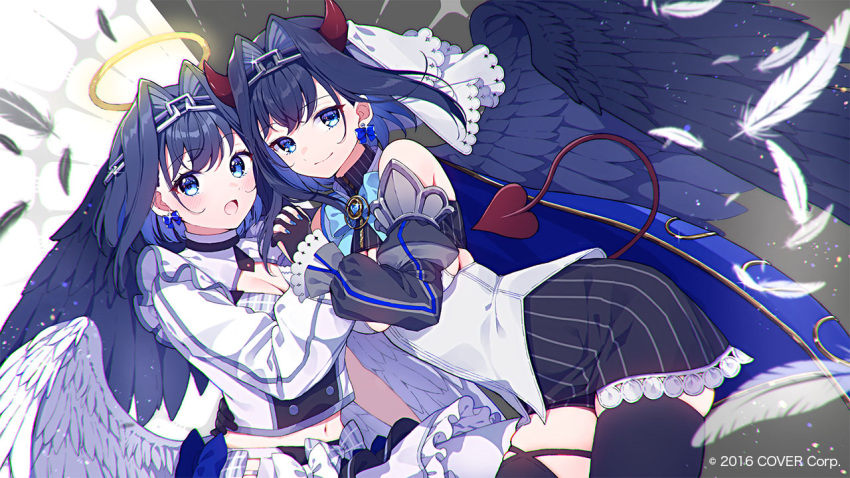 2girls :o black_gloves black_thighhighs black_wings blue_bow blue_cape blue_eyes blue_hair blue_nails blue_ribbon blush bow bow_earrings breasts buttons cape chain chain_headband cleavage_cutout closed_mouth clothing_cutout collar copyright_name crop_top detached_sleeves double-breasted earrings feathered_wings feathers frills gloves hair_intakes halo hand_on_another's_hip heart hololive hololive_english hololive_idol_uniform_(bright) idol idol_clothes jewelry juliet_sleeves large_breasts long_sleeves looking_at_viewer low_wings micro_shorts midriff miniskirt mochiko_tsuru multicolored_hair multiple_girls nail_polish official_art open_mouth ouro_kronii ouro_kronii_(1st_costume) plaid plaid_skirt pleated_skirt puffy_sleeves ribbon shirt short_hair shorts sideboob skindentation skirt sleeveless sleeveless_shirt sleeveless_turtleneck smile stomach thighhighs turtleneck underboob underboob_cutout veil virtual_youtuber white_bow white_skirt white_wings wings