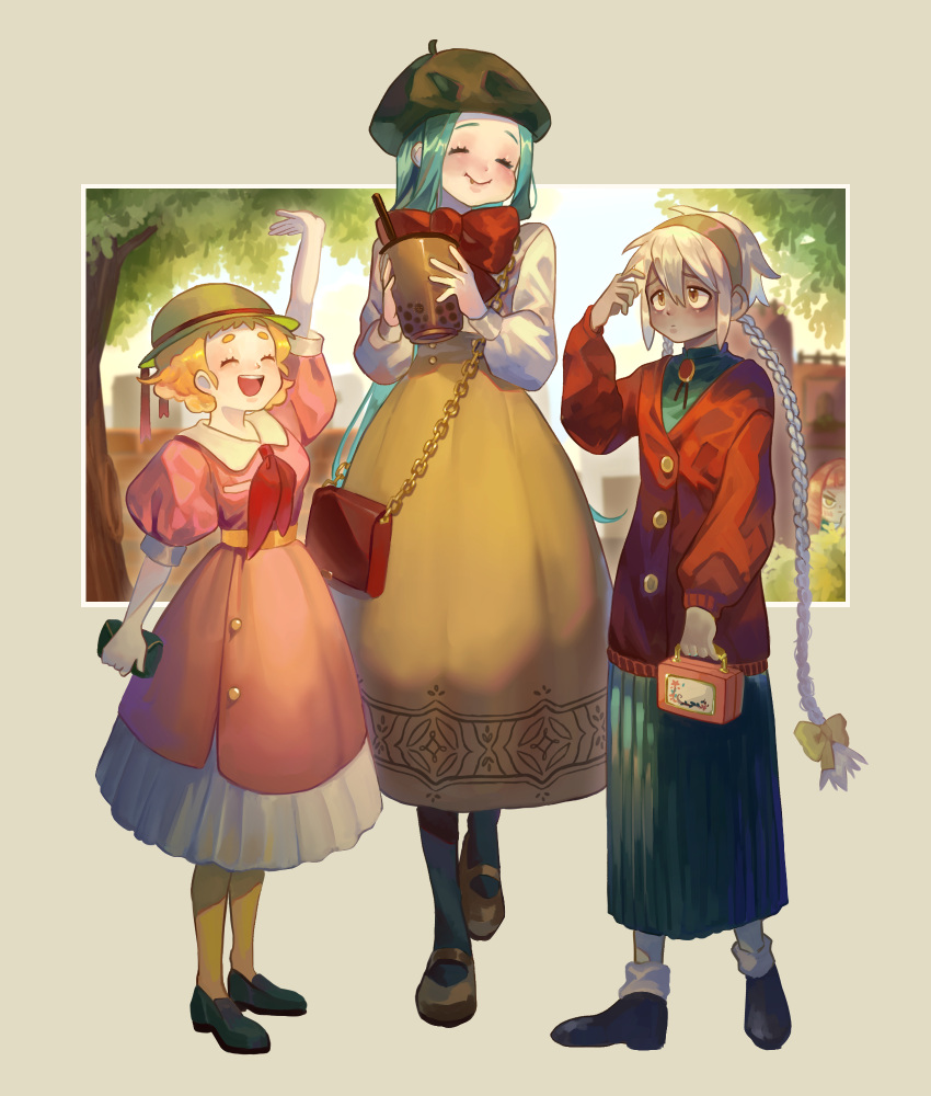 3girls arm_up bag beret blonde_hair blue_hair bobby_socks bolo_tie bow braid bubble_tea cardigan closed_eyes closed_mouth collared_dress commentary dress drink full_body gtcockroach hair_bow hairband hat highres holding holding_drink holding_wallet loafers long_hair long_sleeves mary_janes multiple_girls open_mouth original pantyhose shoes short_hair short_sleeves shoulder_bag smile socks thick_eyebrows twin_braids very_long_hair wallet white_hair yellow_eyes
