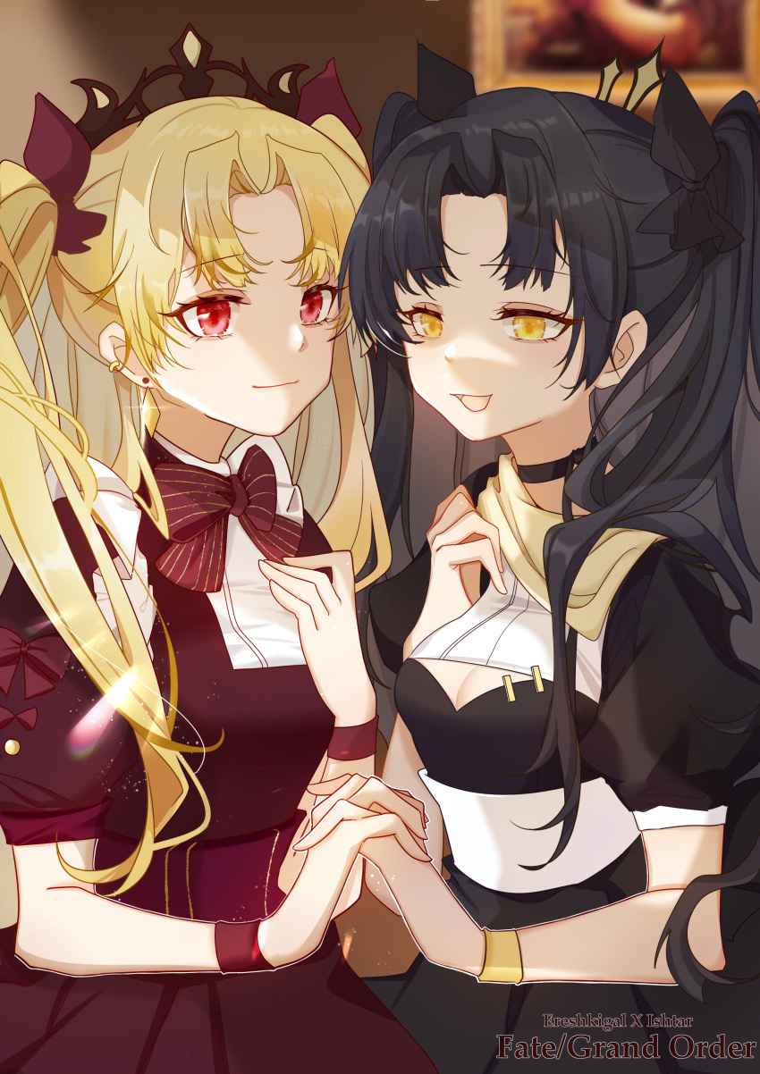 2girls :d absurdres black_choker black_dress black_hair black_tiara blonde_hair bow bowtie character_name choker cleavage_cutout clothing_cutout copyright_name dress earrings english_text ereshkigal_(fate) fate/grand_order fate_(series) highres holding_hands ishtar_(fate) jewelry light_smile long_hair looking_at_another multiple_girls red_bow red_bowtie red_dress red_eyes ribbon_choker siblings sisters smile tiara two_side_up yellow_eyes yume-dream