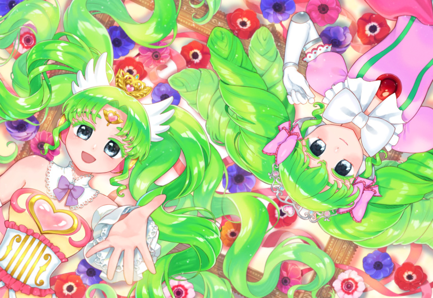 2girls :d bare_shoulders bow colored_eyelashes commentary_request crown detached_collar detached_sleeves dress dual_persona elbow_gloves falulu falulu_(awakened) floral_background flower forehead_jewel from_above gloves green_hair grey_eyes headphones idol_clothes jinno_(jin_c_kkry) long_hair looking_at_viewer lying multiple_girls on_back open_mouth parted_bangs picture_frame pink_bow pink_dress pink_flower poppy_(flower) power_symbol pretty_series pripara purple_flower reaching reaching_towards_viewer red_flower rotational_symmetry sidelocks smile tiara twintails upside-down very_long_hair white_gloves wing_hair_ornament