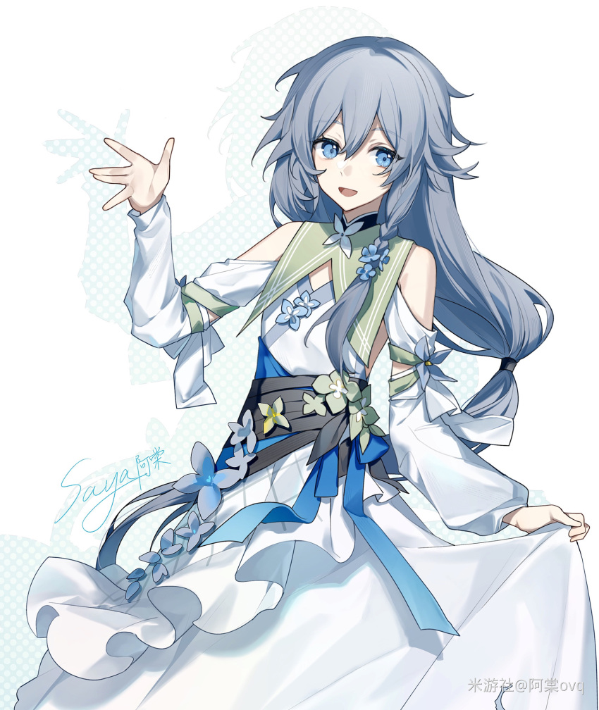 1girl absurdres alternate_costume arm_up artist_name bare_shoulders blue_eyes blue_flower blue_hair blue_ribbon chinese_text dress dress_flower dress_ribbon flower fu_hua grey_hair hair_between_eyes highres honkai_(series) honkai_impact_3rd long_hair looking_at_viewer low-tied_long_hair low_ponytail open_mouth ponytail ribbon saya_atang shadow simple_background simplified_chinese_text solo white_background white_dress