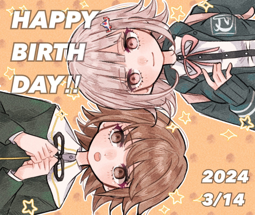 1boy 1girl :d :o black_jacket brown_hair closed_mouth danganronpa:_trigger_happy_havoc danganronpa_(series) danganronpa_2:_goodbye_despair dated fujisaki_chihiro green_jacket hand_up hands_up happy_birthday highres jacket long_sleeves looking_at_viewer medium_hair mugi_cha_(mg_sbci) nanami_chiaki neck_ribbon open_clothes open_jacket orange_background own_hands_together pink_eyes pink_ribbon ribbon short_hair smile teeth upper_teeth_only