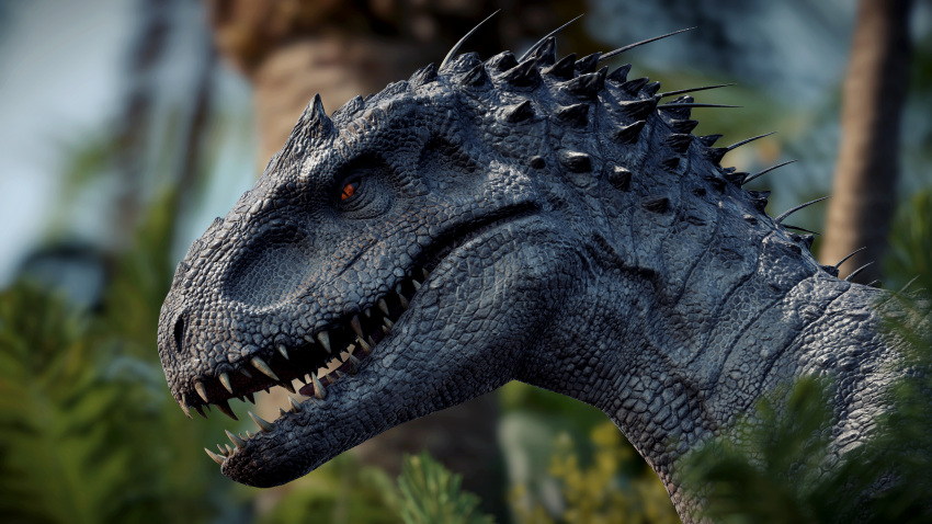16:9 2022 3d_(artwork) 4k absurd_res blurred_background detailed_background digital_media_(artwork) dinosaur female female_(lore) feral headshot_portrait hi_res hybrid indominus_rex ivorylagiacrus jurassic_park jurassic_world looking_away open_mouth orange_eyes palm_tree plant portrait pupils reptile scales scalie sharp_teeth side_view slit_pupils solo spikes teeth theropod tongue tree universal_studios white_body white_scales widescreen