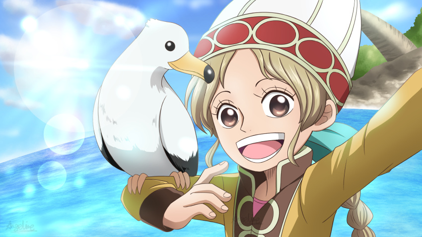 1girl animal_on_arm apis_(one_piece) arm_up artycomicfangirl bird bird_on_arm blonde_hair braid braided_ponytail brown_eyes cloud collared_dress derivative_work dress eyelashes hat highres long_sleeves looking_at_viewer ocean one_piece open_mouth parted_bangs pink_shirt screencap_redraw seagull shirt sky smile solo sun tree upper_body
