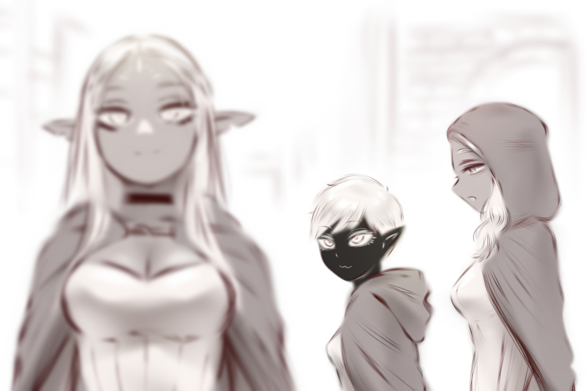 3girls :3 breasts choker cithis cleavage cloak commentary dark-skinned_female dark_elf dark_skin distracted_boyfriend_(meme) dungeon_meshi elf english_commentary facial_mark flamela forehead_mark greyscale hood hooded_cloak long_hair looking_at_another meme monochrome multiple_girls open_mouth pointy_ears short_hair shpo smile