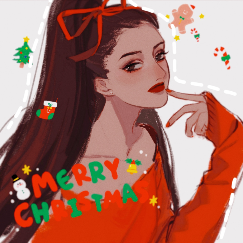 1girl animification ariana_grande breasts brown_eyes brown_hair candy candy_cane chinese_commentary collarbone earrings eyeliner food frown gingerbread_man hair_behind_ear highres jewelry long_hair looking_at_viewer looking_to_the_side mai_le_xi makeup merry_christmas ponytail real_life red_eyeliner red_nails red_ribbon red_sweater ribbon sleeves_past_wrists small_breasts solo sweater