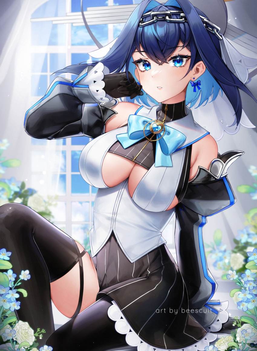 1girl absurdres artist_name bare_shoulders beescuit black_gloves black_thighhighs blue_bow blue_eyes blue_hair blue_ribbon blush bow bow_earrings breasts chain chain_headband clothing_cutout collar colored_inner_hair detached_sleeves earrings flower gloves hair_between_eyes hair_intakes halo heart highres hololive hololive_english jewelry juliet_sleeves large_breasts long_sleeves looking_at_viewer mechanical_halo micro_shorts miniskirt multicolored_hair ouro_kronii ouro_kronii_(1st_costume) puffy_sleeves ribbon shirt short_hair shorts sideboob sitting skirt sleeveless sleeveless_shirt sleeveless_turtleneck smile solo thighhighs turtleneck two-tone_hair underboob underboob_cutout veil virtual_youtuber