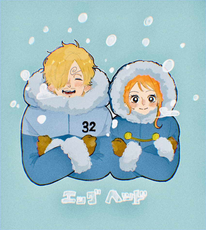1boy 1girl blonde_hair blue_background blue_coat blush closed_mouth coat commentary curly_eyebrows facial_hair gloves goatee hair_over_one_eye heart highres hood hooded_coat long_hair mustache_stubble nami_(one_piece) one_piece orange_hair sanji_(one_piece) short_hair sidelocks smile smoke_heart snow stubble upper_body yuu_(q_u_u_p)