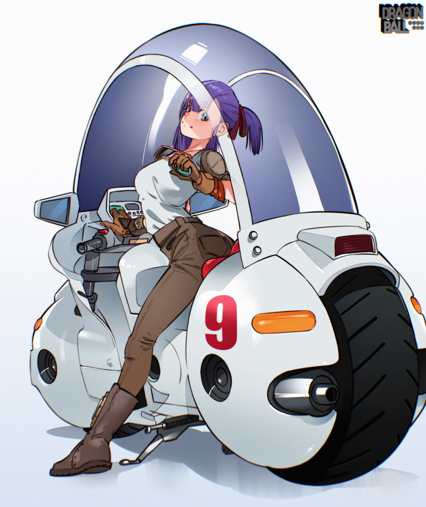 1girl breasts brown_pants bulma cesar_art456 commentary_request copyright_name dragon_ball dragon_ball_(classic) dragon_radar from_behind goggles goggles_around_neck highres looking_at_viewer looking_back medium_breasts medium_hair motor_vehicle motorcycle on_motorcycle pants ponytail purple_eyes purple_hair shirt simple_background solo white_background white_shirt