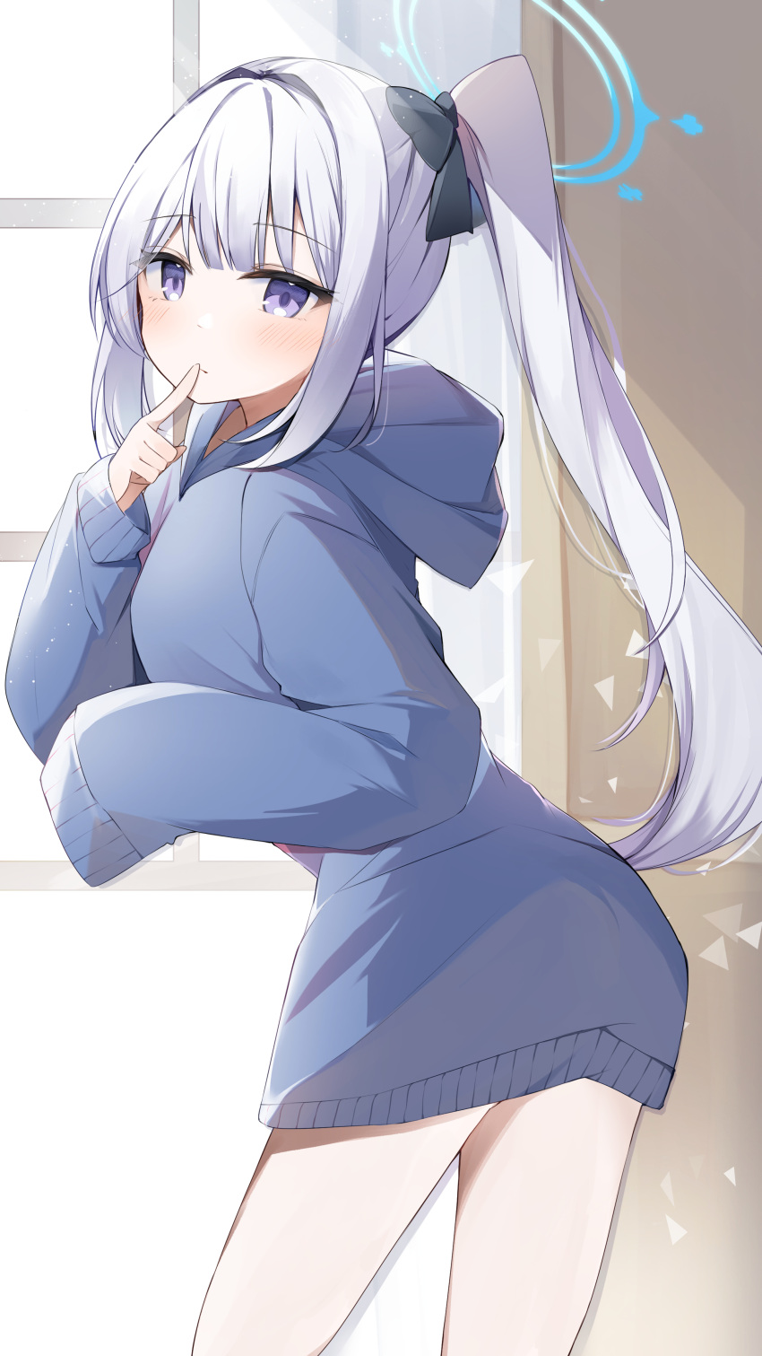 1girl absurdres alternate_costume ass blue_archive blue_halo blue_hoodie blush breasts closed_mouth cowboy_shot futagoma halo highres hood hoodie index_finger_raised long_hair long_sleeves miyako_(blue_archive) ponytail purple_eyes small_breasts solo white_hair window