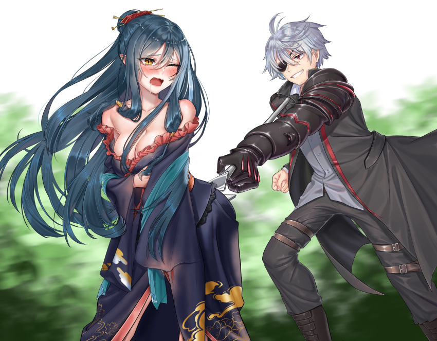 1boy 1girl aqua_hair arifureta_shokugyou_de_sekai_saikyou artist_request bare_shoulders black_dress blush breasts dress eyepatch grey_hair grey_shirt grin highres large_breasts long_hair mechanical_arms nagumo_hajime one_eye_closed open_mouth shirt short_hair single_mechanical_arm smile tio_clarce yellow_eyes