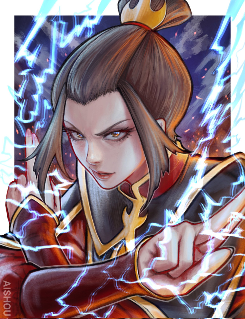 1girl ai_shou artist_name avatar:_the_last_airbender avatar_legends azula border brown_eyes brown_hair commentary crossed_arms electricity eyelashes gold_trim highres looking_at_viewer outside_border parted_lips red_lips short_hair solo topknot twitter_username upper_body v-shaped_eyebrows white_border