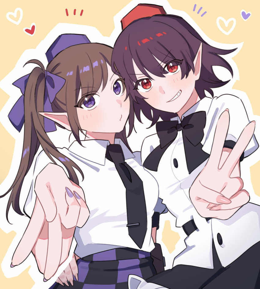 2girls belt black_belt black_bow black_bowtie black_hair black_necktie black_skirt bow bowtie breasts brown_hair buttons checkered_clothes checkered_skirt collared_shirt fingernails frilled_skirt frills grin hair_bow hand_on_another's_hip hat heart highres himekaidou_hatate long_hair multiple_girls nail_polish necktie o3o pink_nails pointy_ears ponytail puffy_short_sleeves puffy_sleeves purple_bow purple_eyes purple_headwear purple_nails purple_skirt red_eyes red_headwear sakic43899 shameimaru_aya shirt short_hair short_sleeves simple_background skirt small_breasts smile tokin_hat touhou v v-shaped_eyebrows white_shirt yellow_background