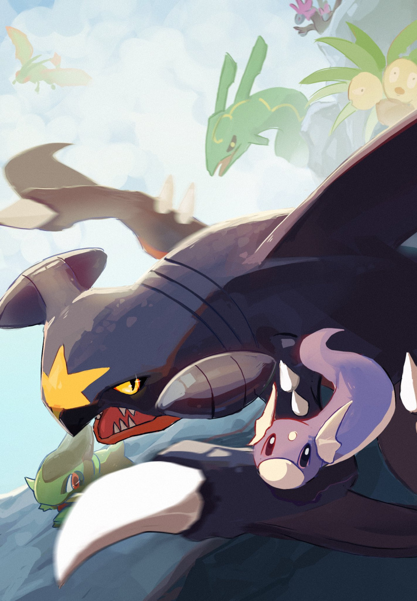 alolan_exeggutor animal_focus axew black_sclera blue_skin chufflepop cloud colored_sclera colored_skin commentary dratini facial_mark flygon flying forehead_mark garchomp green_skin head_wings highres hydreigon no_humans open_mouth pokemon pokemon_(creature) rayquaza red_eyes sharp_teeth teeth wings yellow_eyes