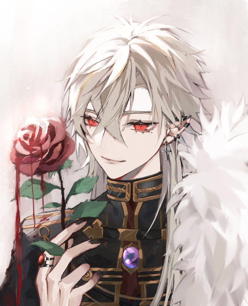 1boy black_jacket black_nails blood_on_flower cape closed_mouth cross cross_earrings ear_piercing earrings flower fur-trimmed_cape fur_trim hand_up high_collar highres holding holding_flower jacket jewelry kuzuha_(nijisanji) long_hair looking_at_object male_focus mayu_mey nijisanji piercing red_eyes red_flower red_rose ring rose simple_background smile solo upper_body white_background white_hair