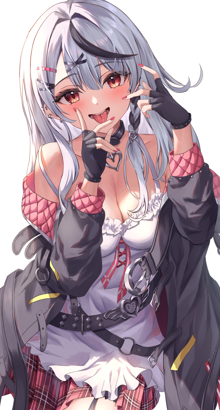 1girl absurdres black_gloves black_hair blush breasts cleavage collar fingerless_gloves gloves grey_hair hair_ornament highres hololive large_breasts long_hair looking_at_viewer multicolored_hair open_mouth red_eyes sakamata_chloe solo streaked_hair tongue tongue_out una_hirag virtual_youtuber x_hair_ornament