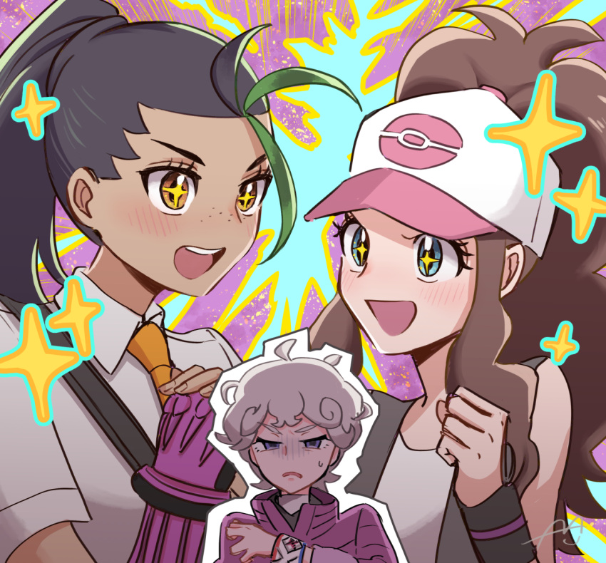 1boy 2girls annoyed baseball_cap bede_(pokemon) black_hair blue_hair brown_hair coat collared_shirt commentary_request curly_hair dark-skinned_female dark_skin freckles green_hair grey_hair hair_pulled_back hat high_ponytail highres hilda_(pokemon) honda_(honndamaria) long_hair multicolored_hair multiple_girls naranja_academy_school_uniform necktie nemona_(pokemon) open_mouth orange_eyes orange_necktie own_hands_together poke_ball_print pokemon pokemon_bw pokemon_masters_ex pokemon_sv pokemon_swsh ponytail purple_coat purple_eyes school_uniform shirt short_hair short_sleeves sidelocks smile sparkle sparkling_eyes speech_bubble streaked_hair sweatdrop two-tone_hair