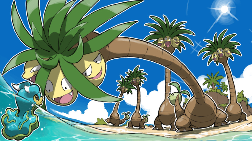 alolan_exeggutor blacknirrow blue_sky cloud commentary fangs highres island no_humans open_mouth outdoors pokemon pokemon_(creature) shellos shellos_(east) sky slug smile sun tree water