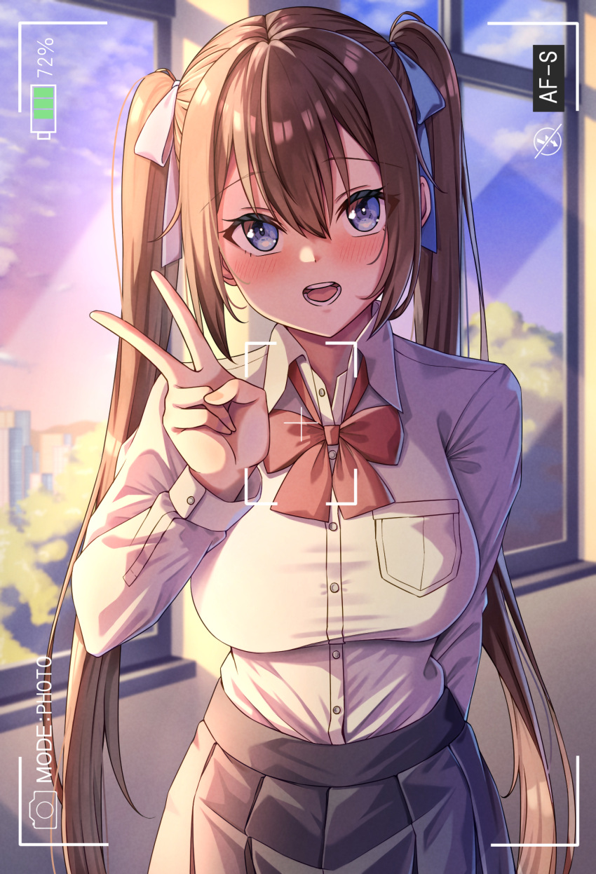 1girl arm_behind_back black_skirt blue_eyes blue_ribbon blush bow bowtie breast_pocket brown_hair camera cityscape cloud collared_shirt gradient_sky hair_between_eyes hair_ribbon hand_up highres hirorinwelcome indoors light_rays long_hair looking_at_viewer open_mouth original pleated_skirt pocket red_bow red_bowtie ribbon shirt shirt_tucked_in sidelocks skirt sky sunbeam sunlight sunset teeth tree twintails uniform v very_long_hair viewfinder white_ribbon white_shirt window