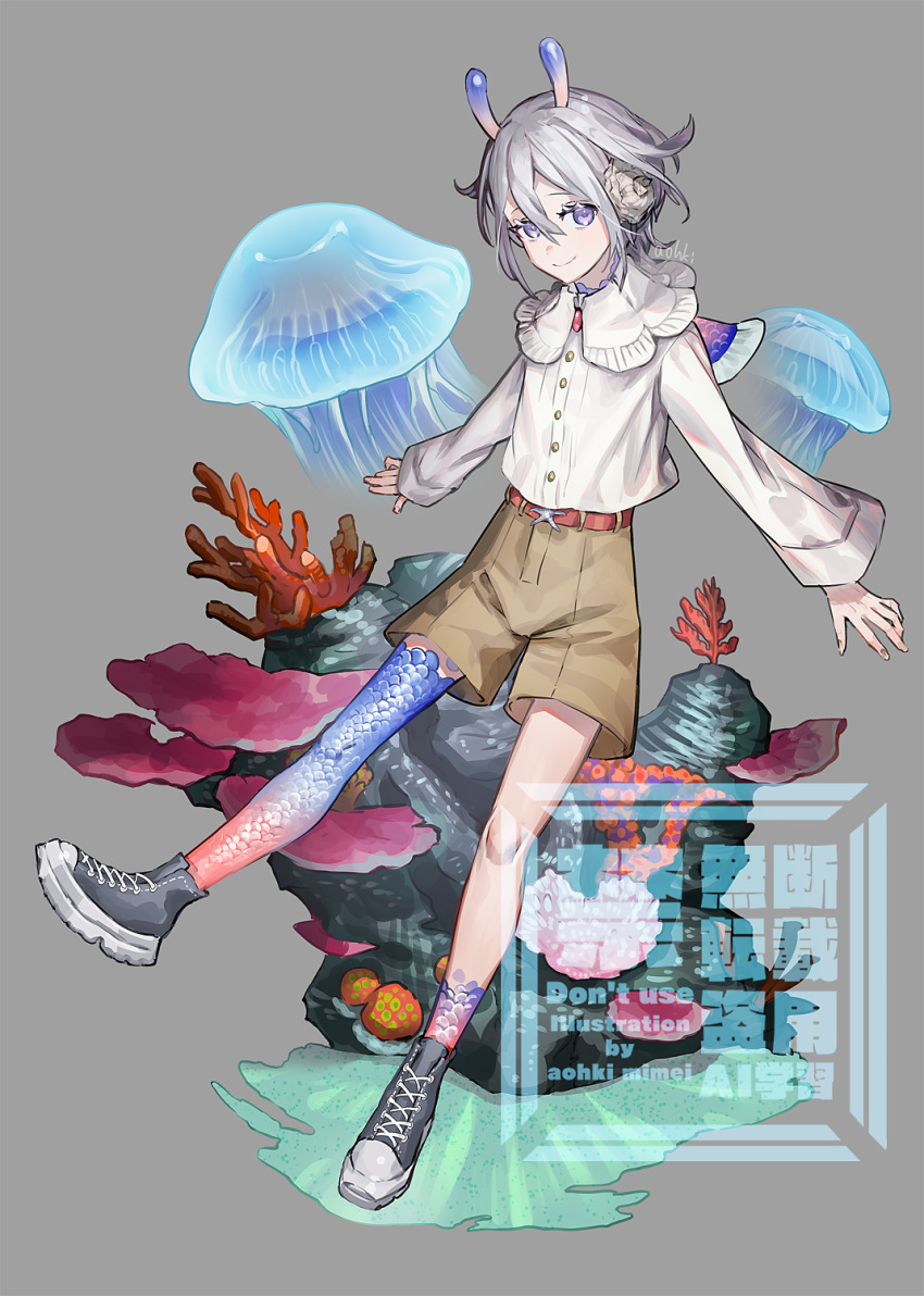 1boy androgynous belt brown_shorts commentary_request coral_reef flower frilled_shirt frills full_body gradient_scales grey_background grey_hair hair_between_eyes hair_flower hair_ornament highres jellyfish looking_at_viewer male_focus original pale_skin purple_eyes red_belt shirt shoes short_hair shorts signature smile sneakers solo standing standing_on_one_leg waterstaring wide_sleeves