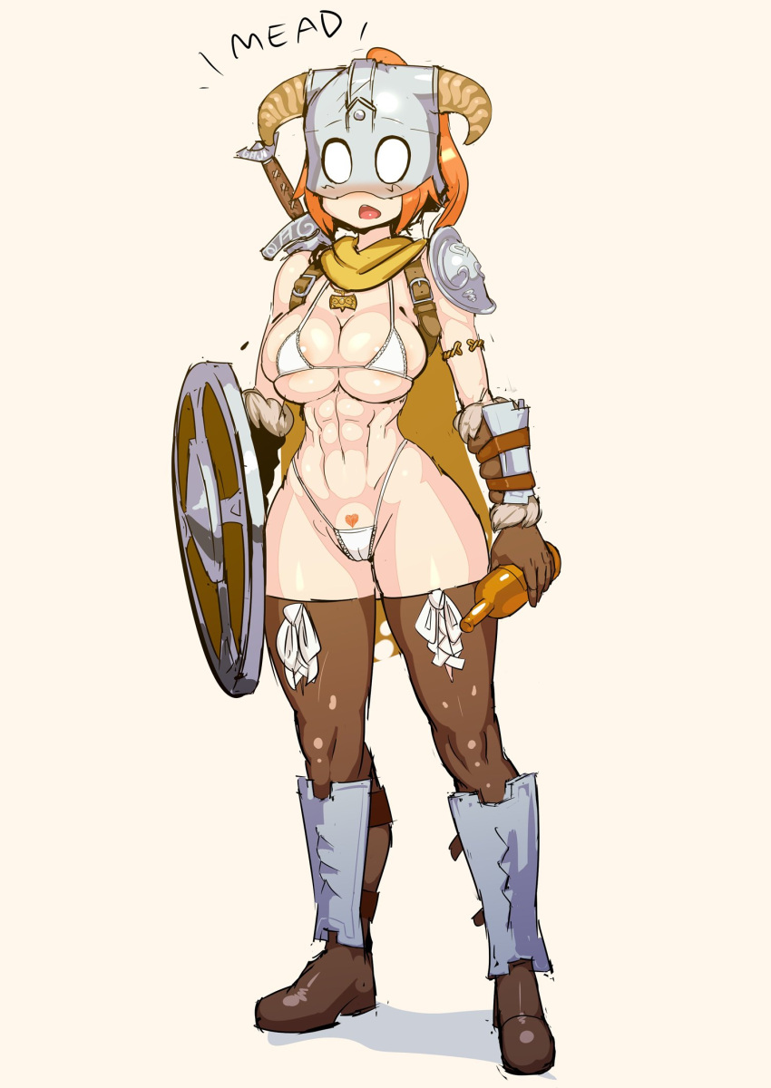 1girl abs armor bikini blush boots bottle breasts brown_footwear brown_gloves cape dovahkiin dovakini-chan english_commentary english_text fake_horns full_body gloves greaves heart-shaped_pubic_hair helmet highres holding holding_bottle holding_shield holding_weapon horned_helmet horns jewelry large_breasts long_hair looking_at_viewer muscular muscular_female navel necklace nisetanaka o_o open_mouth orange_hair pauldrons ponytail pubic_hair shadow shaped_pubic_hair sheath sheathed shield shoulder_armor simple_background single_pauldron solo standing stomach string_bikini swimsuit sword the_elder_scrolls the_elder_scrolls_v:_skyrim thigh_boots weapon white_bikini white_eyes yellow_background yellow_cape