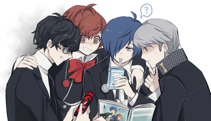 1girl 3boys ? ahoge amamiya_ren black_hair blue_eyes blue_hair book bow bowtie brown_eyes brown_hair drinking_straw drinking_straw_in_mouth gekkoukan_high_school_uniform grey_eyes grey_hair grin hair_between_eyes hair_over_one_eye highres holding holding_book holding_carton holding_phone libertyp looking_at_another milk_carton multiple_boys narukami_yuu open_book partially_shaded_face persona persona_3 persona_3_portable persona_4 persona_5 phone profile red_bow red_bowtie school_uniform shiomi_kotone short_hair shuujin_academy_school_uniform smile sparkle speech_bubble spoken_question_mark teeth upper_body white_background yasogami_school_uniform yuuki_makoto_(persona_3)