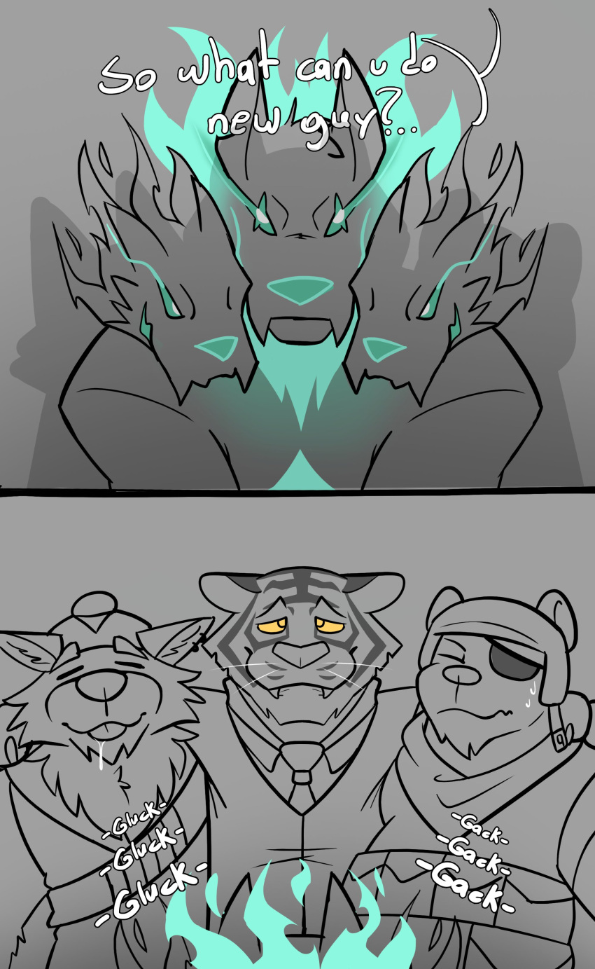 3_heads absurd_res anthro arms_around_shoulders bite biting_lip biting_own_lip blep bodily_fluids canid canid_demon canine cerberus_(fortnite) demon drooling english_text epic_games european_mythology fortnite glowing glowing_eyes glowing_hair greek_mythology group group_sex hair hellhound hi_res implied_oral looking_pleasured male male/male mammal multi_head mythological_canine mythological_creature mythology onomatopoeia oscar_(fortnite) polar_patroller saliva sex sound_effects sweat text tongue tongue_out wendell_(fortnite) zopilotemenu