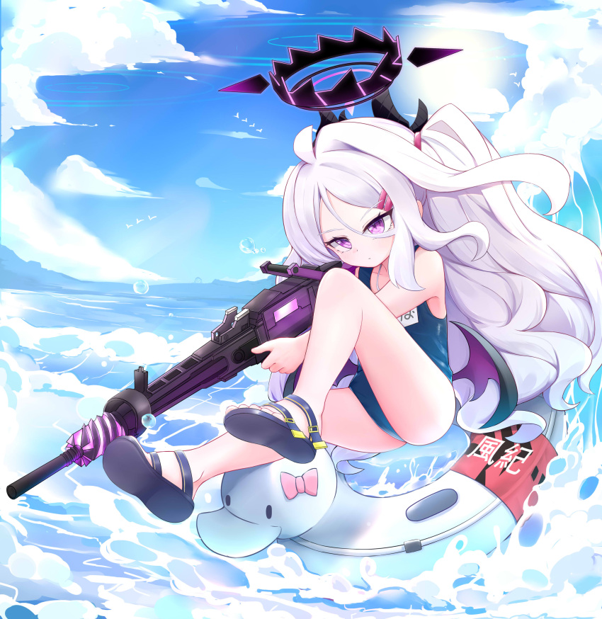 1girl absurdres afloat ahoge aiming ass bare_legs blue_archive blue_sky blurry cloud cloudy_sky commentary_request demon_girl demon_horns demon_wings depth_of_field duck_innertube gun hair_between_eyes hair_ornament hairclip halo highres hina_(blue_archive) hina_(swimsuit)_(blue_archive) holding holding_gun holding_weapon horns long_hair looking_afar machine_gun maomaoquing mg42 name_tag ocean official_alternate_costume official_alternate_hairstyle old_school_swimsuit on_innertube one_side_up outdoors parted_bangs purple_eyes sandals school_swimsuit sidelocks sky solo sunlight swimsuit toes waves wavy_hair weapon white_hair wings