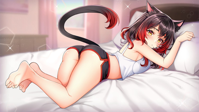 1girl animal_ears ass avatar_(ff14) bare_arms bare_legs bare_shoulders barefoot bed bedroom black_hair black_shorts blurry breasts camisole cat_ears cat_girl cat_tail closed_mouth commission crop_top crop_top_overhang depth_of_field dolphin_shorts facial_mark final_fantasy final_fantasy_xiv from_side jirafuru looking_at_viewer looking_to_the_side lying medium_breasts medium_hair micro_shorts midriff miqo'te multicolored_hair navel on_bed on_stomach pillow red_hair shirt short_shorts shorts sleeveless sleeveless_shirt solo spaghetti_strap stomach streaked_hair tail tail_raised thighs two-tone_hair white_shirt yellow_eyes