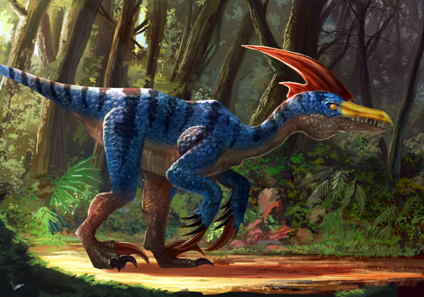 beak bearluxe blue_scales claws crest dirt forest from_side grass monster monster_focus monster_hunter_(series) nature no_humans open_mouth orange_eyes outdoors plant raptor sharp_teeth signature slit_pupils standing tail teeth tree velocidrome