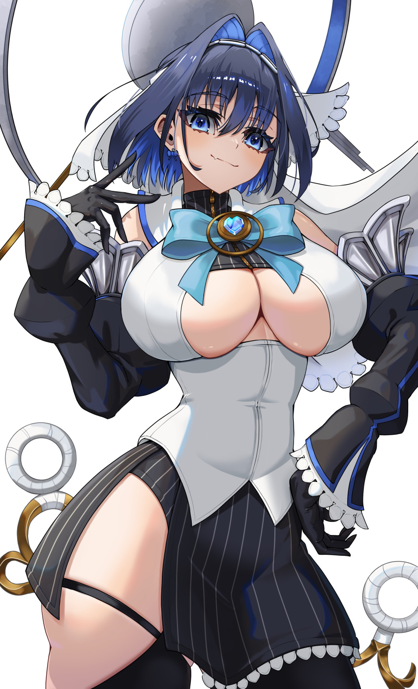 1girl absurdres black_gloves black_skirt black_sleeves black_thighhighs blue_bow blue_bowtie blue_brooch blue_eyes blue_gemstone blue_hair bow bow_earrings bowtie breasts chain_headband cleavage_cutout closed_mouth clothing_cutout commentary contrapposto cowboy_shot crop_top detached_sleeves earrings english_commentary fang frilled_skirt frilled_sleeves frills gem gloves h4kuuua_0 hair_between_eyes hair_intakes half-skirt halo hand_on_own_hip hand_up heart-shaped_gem highres hololive hololive_english jewelry juliet_sleeves large_breasts light_blush long_sleeves looking_at_viewer mechanical_halo miniskirt ouro_kronii ouro_kronii_(1st_costume) pinstripe_pattern pinstripe_shirt pinstripe_skirt puffy_sleeves shirt short_hair simple_background skin_fang skirt sleeveless sleeveless_shirt smile solo standing thighhighs turtleneck_shirt underboob virtual_youtuber white_background white_shirt white_veil zipper