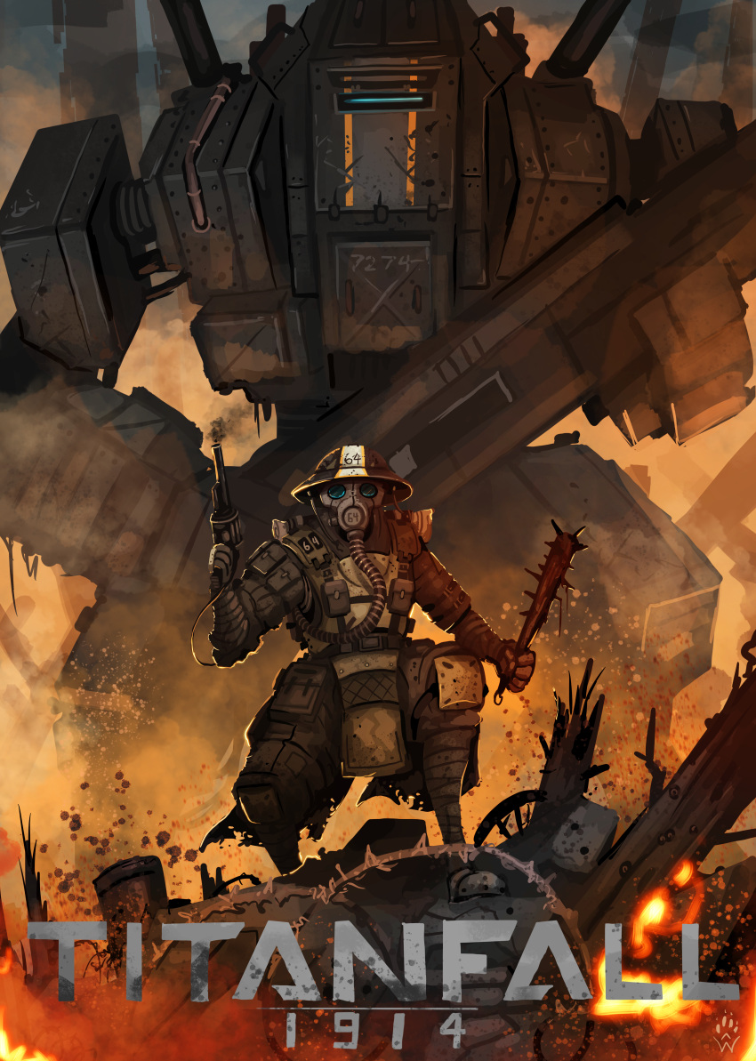 1other absurdres ambiguous_gender baseball_bat black_footwear black_headwear black_jacket black_pants boots dieselpunk fire gas_mask gun helmet highres holding holding_baseball_bat holding_gun holding_weapon jacket mask mecha nail nail_bat original pants revolver robot science_fiction smoke smoking_gun titanfall titanfall_(series) weapon wolfdawg_art