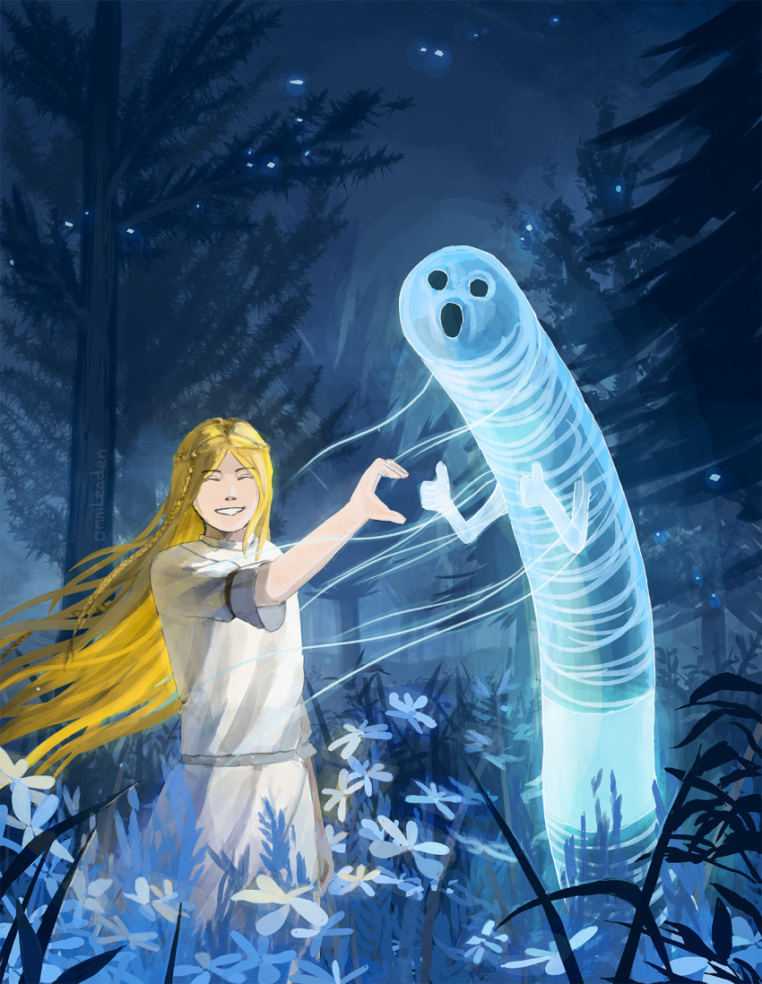 1boy blonde_hair blue_flower braid closed_eyes commentary crown_braid double_thumbs_up elden_ring elden_ring:_shadow_of_the_erdtree english_commentary flower heart_hands_failure highres long_hair miquella_(elden_ring) night night_sky omnileaden otoko_no_ko outdoors sky standing thumbs_up tree
