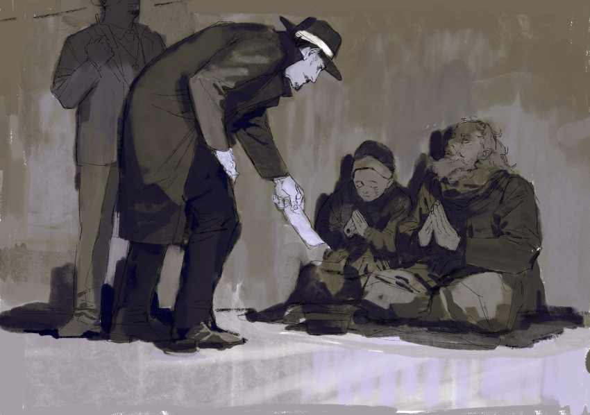 4boys chengongzi123 closed_mouth coat english_commentary facial_hair full_body giving goatee golden_kamuy grey_background greyscale hat highres holding holding_money homeless indian_style long_sleeves looking_at_another looking_to_the_side money monochrome multiple_boys mustache pants shoes short_hair sitting standing tsurumi_tokushirou unfinished very_short_hair
